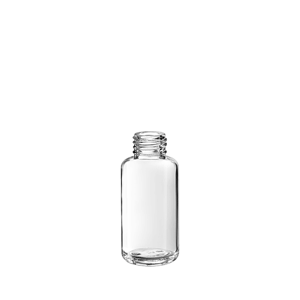 The image shows the Calaso 1.7oz Glass Bottle. This product features a clear cylindrical glass bottle with smooth, clean lines and a classic design. The bottle has a wide, flat base that tapers slightly towards the neck, which is topped with a simple, screw-on cap. The transparency of the glass highlights the contents inside, while the overall aesthetic is minimalist and elegant.