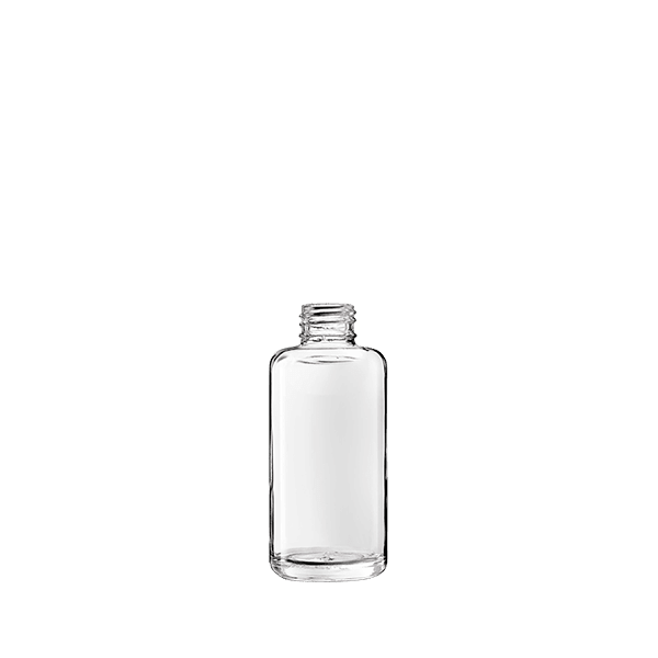 The image features the Calaso 3.4oz glass bottle. It is a clear, cylindrical bottle with a smooth surface and a narrow neck. The bottle appears empty and is displayed against a plain white background, showcasing its transparent design and elegant shape.