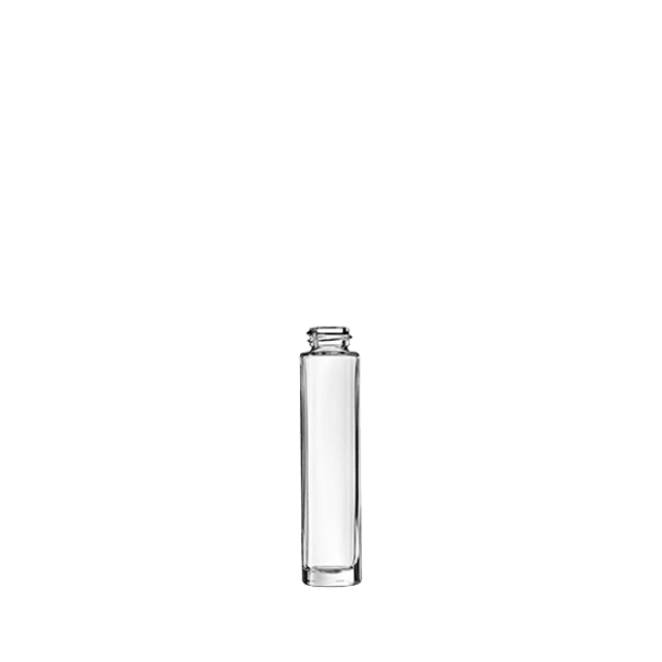The image shows the Calaso 0.5 oz Glass Bottle by Glasmeister. The bottle is clear and cylindrical with a straight, smooth body and a narrow neck. It has a flat base and appears to be empty. The overall design is simple and elegant, suitable for storing small quantities of liquids or other substances. The bottle is shown against a plain, white background.