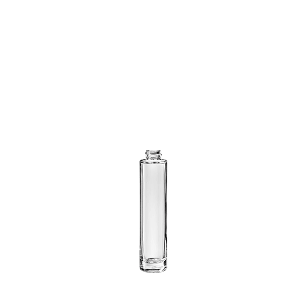 The image shows the "Calaso 1.0oz Glass Bottle." The bottle is clear and cylindrical with smooth, straight sides and a flat base. It features a narrow neck with threading at the top, designed for a compatible cap or dropper. The overall design is sleek and minimalist, suitable for holding liquids such as serums, essential oils, or other cosmetic products.