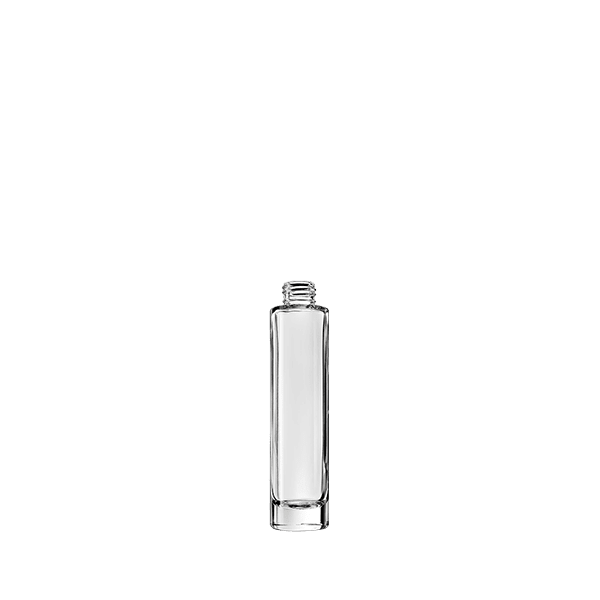 The image displays the Calaso 3.4oz Glass Bottle. It is a clear, cylindrical glass bottle with a smooth surface and a short neck. The bottle features a screw-top opening, suitable for a variety of liquid products. The transparent nature of the bottle allows the contents to be easily visible. The overall design is sleek and minimalist, emphasizing the clean lines and simplicity of the bottle's form.