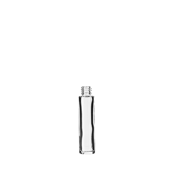 The image displays a clear glass bottle named "Calaso 0.3oz Glass Bottle." The bottle has a cylindrical shape with smooth, transparent glass and a flat base. It features a narrow neck and a screw-top opening, suitable for securely sealing the contents. The bottle has a minimalist design, showcasing the clarity and quality of the glass material.