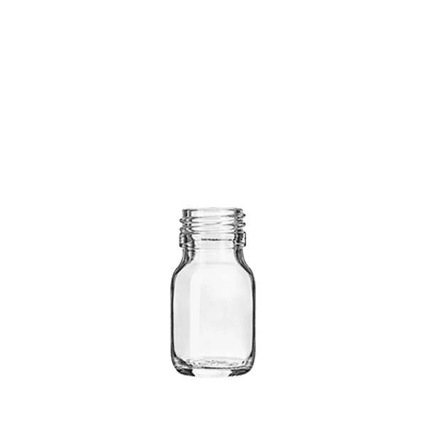 The image features a clear glass bottle named Calaso 1.0oz Glass Bottle from Impacked Packaging. The bottle is cylindrical with a smooth surface and a slightly rounded shoulder. It has a narrow neck with a screw thread at the top, designed for a compatible cap or dropper. The glass is transparent, allowing the contents to be visible. The bottle stands upright on a flat base.