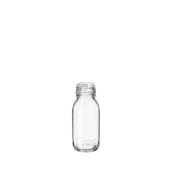 The image features the Calaso 2.0oz Glass Bottle. It is a small, clear glass bottle with a cylindrical shape and a wide, flat base. The neck of the bottle is narrow and threaded, designed to accommodate a screw-on cap or dropper. The bottle is empty, showcasing its transparent nature and smooth surface, making it suitable for various liquids such as essential oils, serums, or other cosmetic products.
