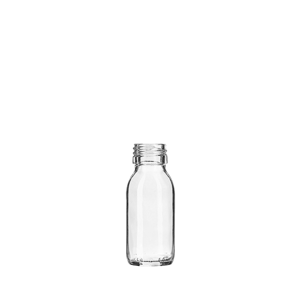 The image shows the Calaso 2.0oz Glass Bottle BB04266. The bottle is made of clear glass, with a cylindrical shape and smooth, sleek sides. It has a wide, flat bottom for stability and a narrow neck that ends in a threaded top, designed to be fitted with a cap or dropper. The transparency of the glass bottle allows its contents to be easily visible.