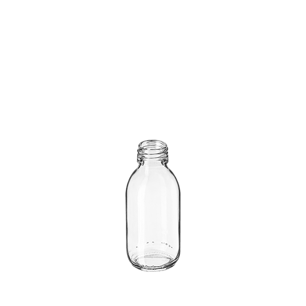 The image features the Calaso 4.2oz Glass Bottle. This clear glass bottle has a cylindrical shape with a smooth surface and a narrow neck. It is shown with a silver screw cap that provides a tight seal. The bottle's transparent nature highlights its clean and elegant design, making it suitable for storing various liquids. The overall look is sleek and modern.