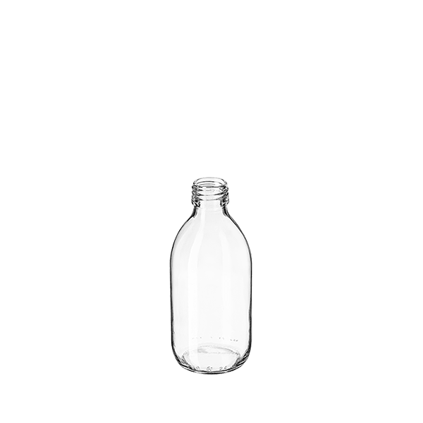 The image features the Calaso 8.5oz Glass Bottle. It is a clear, cylindrical glass bottle with a smooth surface and a screw-top neck. The bottle stands upright and appears to have a consistent diameter from the base to the shoulder. The glass is transparent, allowing the contents to be visible, and the design is minimalist with no additional markings or labels present on the bottle.