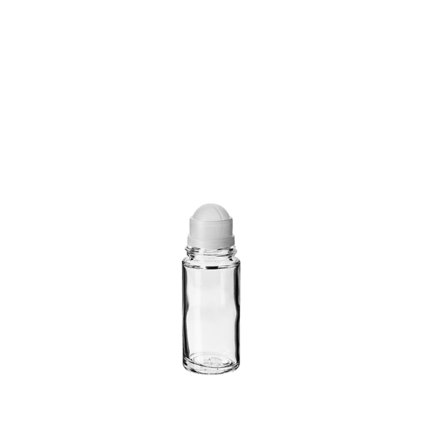 The image displays the Calaso 1.7oz Glass Bottle. It is a clear, cylindrical bottle with a smooth surface and a narrow neck. The bottle is empty, allowing the transparency of the glass to be prominently visible. The cap is not attached in the image, showcasing the bottle's open top. The overall design is sleek and minimalist, emphasizing the simple elegance of the glass material.