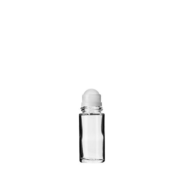 The image shows the Calaso 1.7oz Glass Bottle. It is a clear, cylindrical bottle with a smooth, transparent surface. The bottle has a narrow neck and a screw-top opening. The simplicity of the design highlights its clean lines and elegant proportions. There are no labels or markings visible on the bottle. The background is plain white, which accentuates the clarity and shape of the glass bottle.