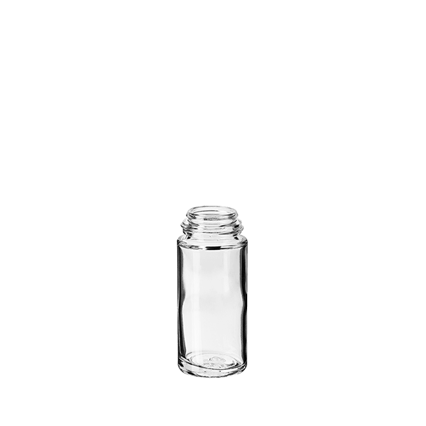 The image shows the Calaso 1.7oz Glass Bottle. It is a clear, cylindrical glass bottle with smooth, transparent surfaces, and a short neck. The bottle is empty and appears to be designed for storing liquids such as perfumes or essential oils. There is no label or branding visible on the bottle in the image. The background is plain white, making the bottle the focal point of the image.