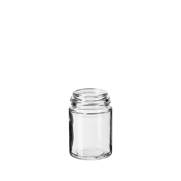 The image features the Calaso 2.5oz Glass Bottle, a small, clear glass container with a cylindrical shape. The bottle has a smooth, even surface and is topped with a screw cap. The cap appears to be metallic and fits securely onto the bottle's neck, which is slightly narrower than the body. The overall design is sleek and minimalistic, making it suitable for various uses. The bottle is displayed against a plain, white background, emphasizing its clean lines and clear glass material.