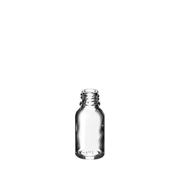 The image shows the Calaso 0.5oz Glass Dropper Bottle. The bottle is clear and cylindrical with a smooth, transparent surface. It features a black dropper cap with a rubber bulb, which allows for precise dispensing of liquids. The bottle is empty, showcasing its clarity and sleek design, making it suitable for storing various types of liquids such as essential oils or serums. The overall appearance is minimalist and functional.