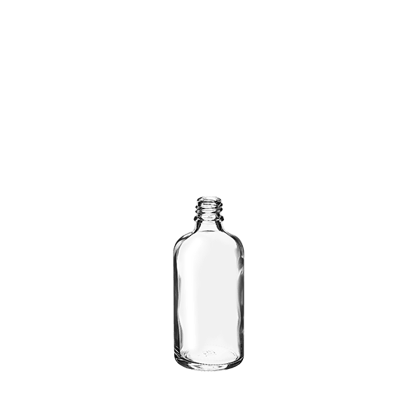 The image shows the Calaso 3/4oz Glass Dropper Bottle BA83427. This product is a clear, cylindrical glass bottle with a black dropper cap. The bottle is empty and the dropper cap is firmly attached, giving it a sleek and simple appearance. The glass is transparent, allowing the contents to be easily visible when filled.