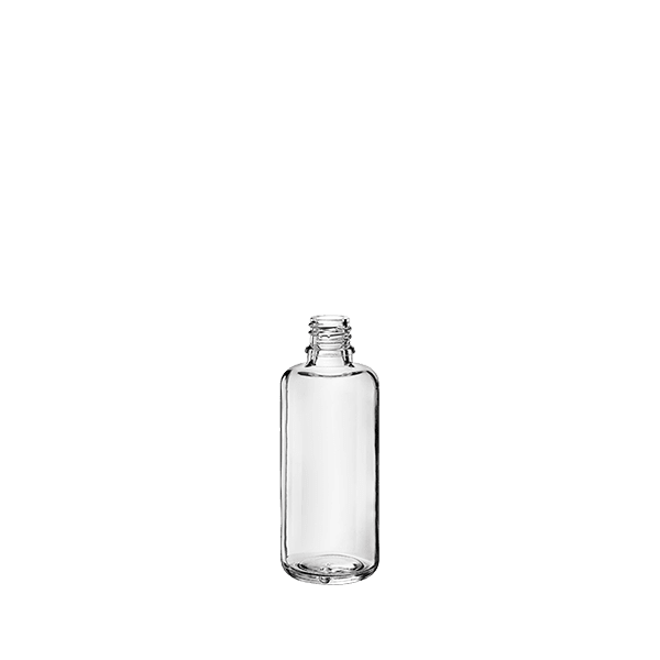 The image features the Calaso 2.0oz Glass Dropper Bottle. The bottle is made of clear glass and has a cylindrical shape with smooth sides. It includes a dropper cap, which has a black rubber bulb and a glass pipette. The bottle is empty and stands upright, with the dropper cap securely attached. The overall design is sleek and minimalistic, suitable for various liquid products such as serums or essential oils.