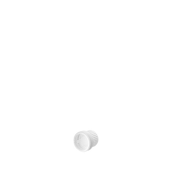 The image shows the Calaso PP Dropper DIN18. It features a clear glass bottle with a white, ribbed screw cap dropper. The dropper top has a smooth, rounded press button for easy dispensing of liquids, and the glass bottle is transparent, allowing the contents to be visible. The overall design is sleek and functional, suitable for storing and dispensing various liquids.