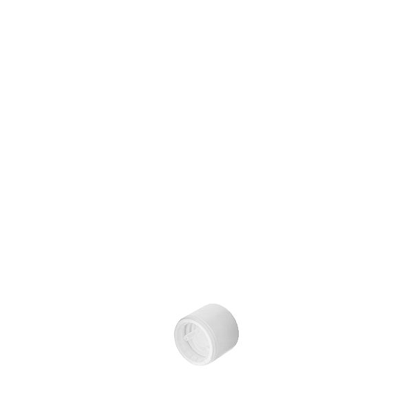 The image shows the Calaso PP Dropper DIN18. The dropper features a sleek design with a white plastic cap and a clear glass pipette. The cap has a smooth, cylindrical shape, and the dropper is designed to fit onto a bottle with a DIN18 neck finish. The overall appearance is clean and functional, ideal for dispensing liquids precisely.