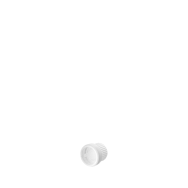 The image shows the Calaso PP Dropper DIN18 (RGB02D2B002-001). It features a sleek, cylindrical design with a white, ribbed screw cap attached to a clear glass pipette. The dropper is designed for precise dispensing of liquids and is compatible with DIN18 neck bottles. The overall appearance is clean and professional, suitable for various cosmetic or pharmaceutical applications.
