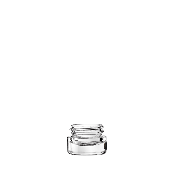 The image features the Calaso 0.2oz Glass Jar. The jar is small, cylindrical, and clear, allowing the contents to be visible. It has a smooth, flat base and straight sides that lead up to a wide, open mouth, suitable for easy filling and dispensing. The jar's minimalist design showcases its versatility for various uses, such as cosmetics or small samples.