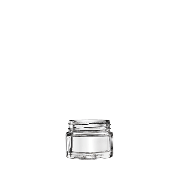 The image shows a clear, cylindrical glass jar with a wide mouth and a matching glass lid. The jar is empty and has smooth, transparent walls with a sleek and modern appearance. This product is named "Calaso 1.7oz Glass Jar (HD14151-100)". The simplicity and clarity of the jar make it suitable for various storage purposes.