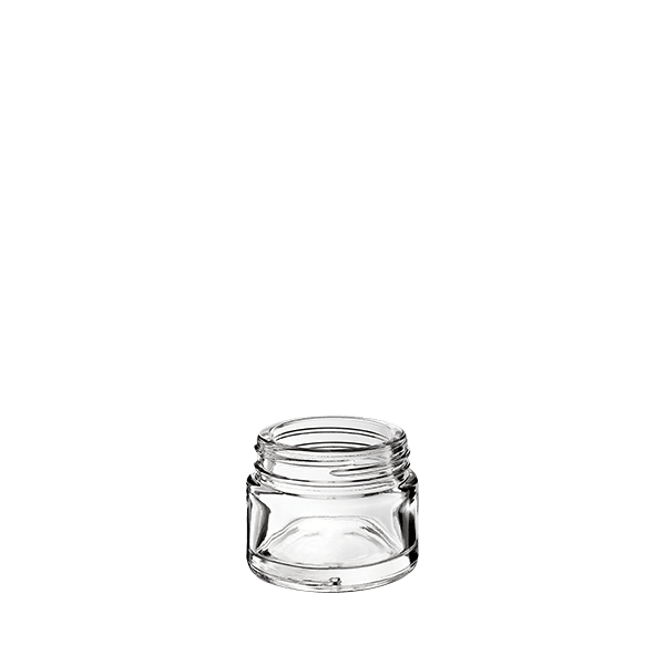 The image features the Calaso 1.7oz Glass Jar. The jar is cylindrical with a wide, flat base and a narrow, threaded neck designed for a screw-on lid. The glass is clear, showcasing a smooth, transparent surface that allows the contents to be visible. The jar's simple and elegant design makes it suitable for a variety of uses, such as storing creams, lotions, or other cosmetic products.