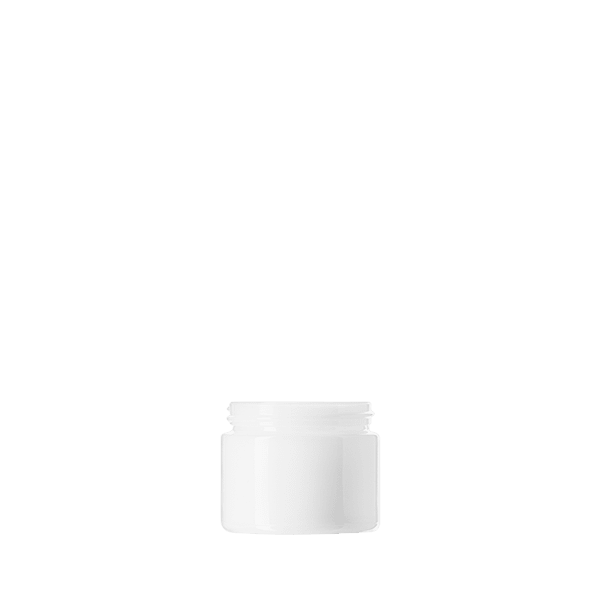 The image showcases the Calaso 1.7oz Glass Jar. The jar is cylindrical with a smooth, clear glass body allowing visibility of its contents. It has a wide, flat base and a round, screw-on lid that appears to be made of a different material, possibly plastic or metal, with a smooth, glossy finish. The lid seals the jar securely, making it suitable for holding creams, balms, or other small quantities of products. The overall design is sleek and minimalist.