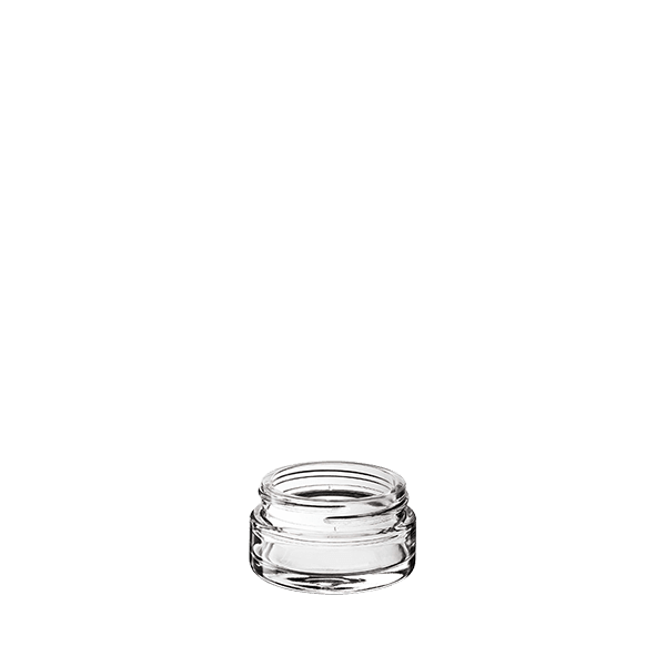 The image depicts the Calaso 1.0oz Glass Jar HF13912. It is a small, clear cylindrical glass jar with a smooth, transparent surface. The jar has a wide mouth, which likely facilitates easy filling and dispensing of its contents. The design is simple and elegant, suitable for packaging various products such as cosmetics, creams, or small food items.