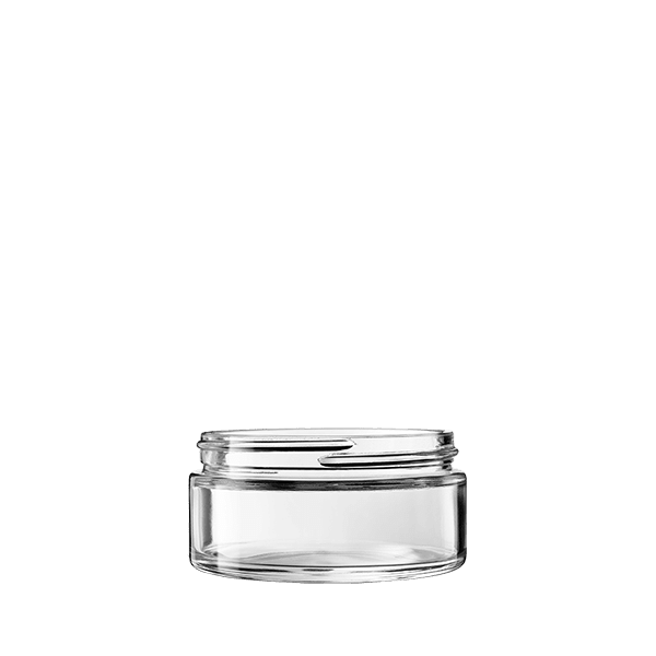 The image displays the Calaso 6.8oz Glass Jar HF13915. The jar is cylindrical with a clear, smooth glass surface and a wide mouth opening. There is no lid visible in the image. The jar's transparency showcases its elegant and simple design, suitable for various storage purposes. The background is plain white, highlighting the jar's features.