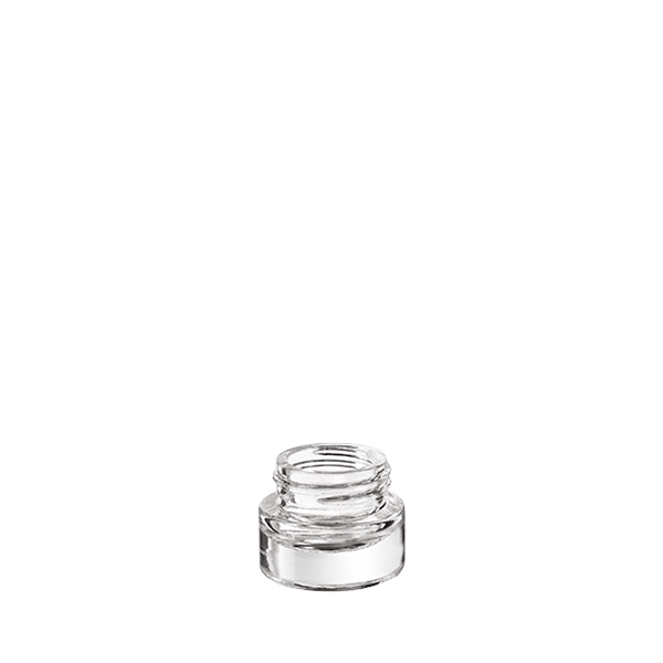 The image shows a clear glass jar with a smooth cylindrical shape and a flat base. The jar, identified as the "Calaso 0.2oz Glass Jar," has a wide mouth and no visible lid in the image. The glass appears thick and sturdy, and the jar is empty, showcasing its transparency and clean lines. The design is minimalist and functional, suitable for holding small quantities of various contents.