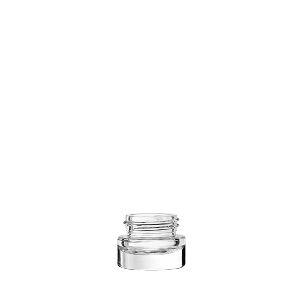 The image shows a "Calaso 0.2oz Glass Jar" with a cylindrical shape and a clear, transparent appearance. The jar has smooth sides and a flat, round lid that fits securely on top. The glass is thick and sturdy, giving the jar a high-quality look and feel. The jar is empty and displayed against a plain white background.