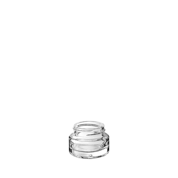 The image shows a clear, empty glass jar with a smooth, cylindrical shape and a wide mouth. The jar sits against a plain white background, highlighting its transparent nature and simple, elegant design. This product is the Calaso 0.5oz Glass Jar.