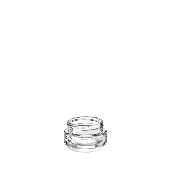 The image shows a clear glass jar with a cylindrical shape and a wide opening. The jar has a flat base and smooth sides, providing a clean and simple look. This is the Calaso 1.0oz Glass Jar HM14010. The jar is empty and has no lid attached in the image. It appears to be designed for holding small quantities of product, likely suitable for cosmetics or small food items.