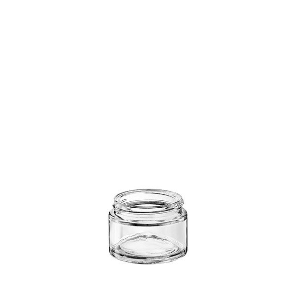 The image shows the Calaso 1.7oz Glass Jar by Glasmeister. The jar is made of clear glass, allowing visibility of the contents inside. It has a cylindrical shape with a wide mouth and a flat base. The overall design is simple and elegant, with smooth, clean lines. The jar is empty and displayed against a plain white background.