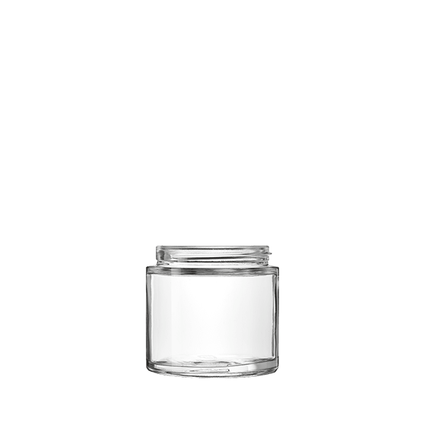 The image shows the Calaso 3.3oz Glass Jar from Glasmeister. The jar is transparent, cylindrical, and has a smooth surface with a wide mouth opening. It has a minimalist design and is shown without a lid. The jar appears to be suitable for holding small quantities of products such as creams, balms, or other cosmetic and personal care items.