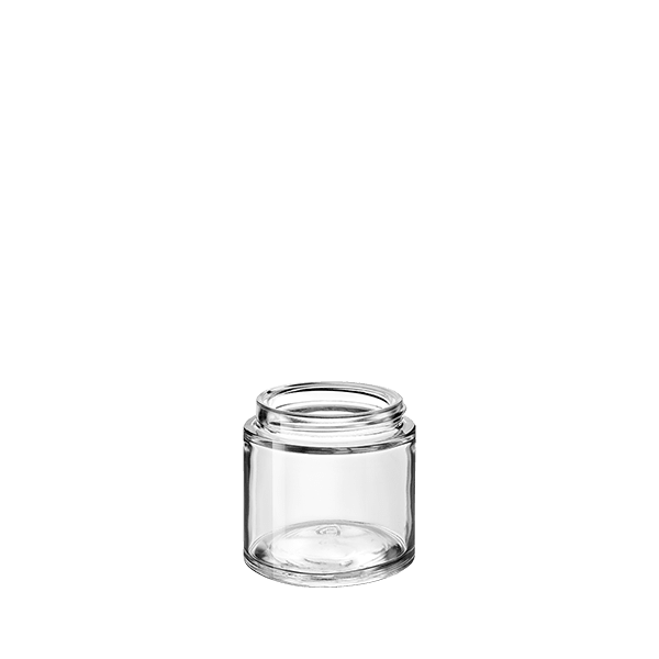 The image showcases the Calaso 3.3oz Glass Jar. It is a clear, cylindrical glass container with smooth, straight sides and a wide mouth opening, allowing for easy filling and dispensing. The jar is empty, and its transparent nature makes it ideal for storing a variety of contents. The overall design is sleek and minimalistic, emphasizing functionality and versatility.