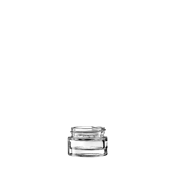 The image features the Calaso 0.5oz Glass Jar. The jar has a cylindrical shape with a wide mouth and a smooth, clear glass body. The base of the jar is flat, ensuring stability when placed on surfaces. The overall design is simple and elegant, suitable for storing small quantities of creams, balms, or other cosmetic products. The jar is empty and does not have a lid in the image.