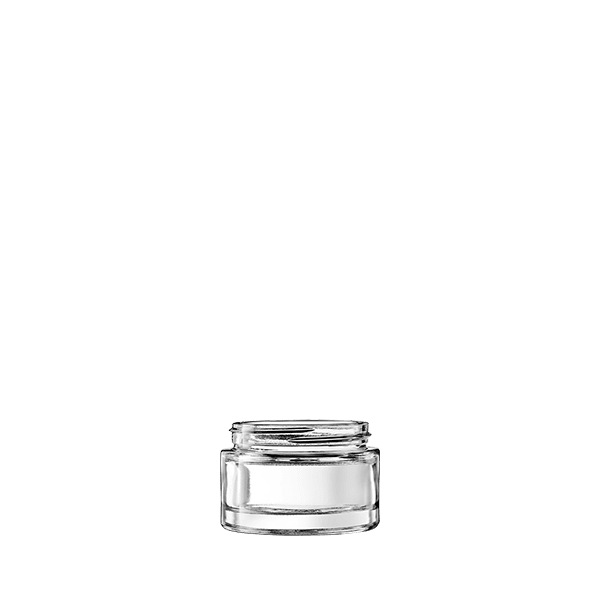 The image shows the Calaso 1.7oz Glass Jar by Glasmeister. The jar is cylindrical with a smooth, transparent glass body and a wide mouth. The design is simple and elegant, suitable for a variety of uses. The jar appears to have a flat base, ensuring stability when placed on surfaces.
