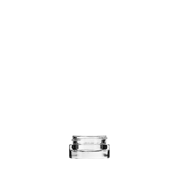 The image features the Calaso 0.3oz Glass Jar. It is a small, cylindrical, clear glass container with a smooth, transparent surface. The jar has a wide opening at the top and comes with a matching clear glass lid that fits snugly. The jar and lid have simple, clean lines, giving the product a sleek and modern appearance.