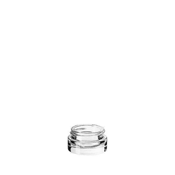 The image shows the Calaso 0.3oz Glass Jar (HD13709-100). It is a small, clear glass container with a smooth, cylindrical shape. The jar has a wide opening with a threaded neck for a secure screw-on lid, which is not shown in the image. The glass is transparent, allowing the contents to be visible. The simplicity and clarity of the design make it suitable for a variety of uses, such as storing small amounts of creams, balms, or other cosmetic products.