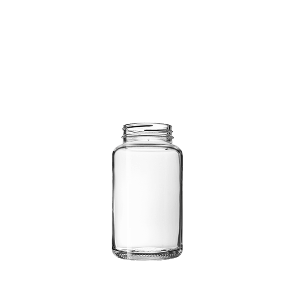 The image shows a clear glass jar with a cylindrical shape and a wide opening. The jar has smooth, transparent walls and a flat base. The product name is "Calaso 8.5oz Glass Jar HF13988-100."