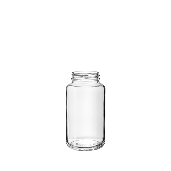 The image shows a clear, cylindrical glass jar with a smooth surface. The jar features a wide mouth opening and is positioned against a plain white background. This product is identified as the "Calaso 8.5oz Glass Jar HF13988-100." The simplicity and transparency of the jar highlight its clean and modern design.