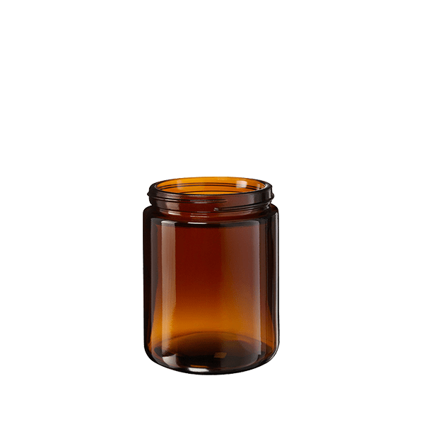 The image displays a "Calaso 8.5oz Glass Jar" by Glasmeister. The jar is clear, cylindrical, and has a smooth surface. It features a wide-mouth opening and a flat, sturdy base. The simplicity and transparency of the jar highlight its clean and modern design, suitable for various storage purposes.