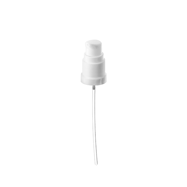 The image shows the Calaso PP Pump DIN18. The product is a white plastic pump dispenser with a sleek, cylindrical design. The pump has a ribbed collar for grip and a smooth actuator for easy dispensing. The pump is designed to fit on top of bottles and is commonly used for dispensing liquids like lotions, soaps, or other personal care products.