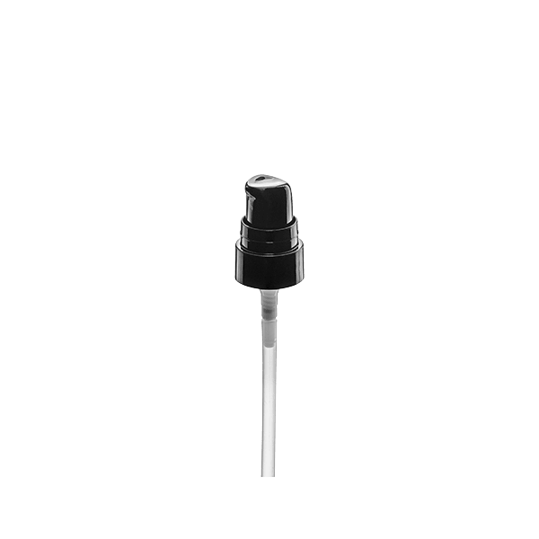 The image shows the Calaso PP Pump 18/400 FPB05A3C001, a sleek and modern pump dispenser. It features a white pump head with a smooth, rounded top and a short nozzle. The pump is attached to a clear, cylindrical dip tube that extends downward. This pump is designed for use with bottles and containers requiring a precise and efficient dispensing mechanism. The overall design is minimalist and functional.