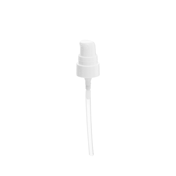The image shows the Calaso PP Pump 18/400 FPB05A3C003-001. It is a white plastic pump dispenser with a smooth, cylindrical pump head and a long, slender dip tube extending downward. The pump head features a simple, clean design, suitable for dispensing liquids from bottles. The dispensing mechanism appears to be user-friendly, with a press-down action to release the product.