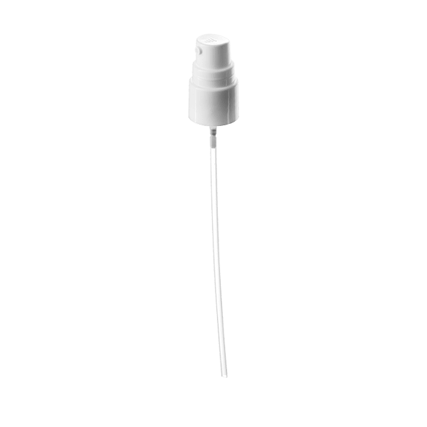 The image shows the Calaso PP Pump 18/415 FPB07A3C005-001. The pump is white and has a ribbed texture on the screw-on cap for better grip. The nozzle is designed for precise dispensing, and the overall design appears sleek and functional, suitable for various liquid products.