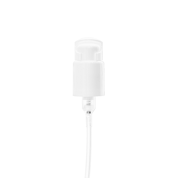 The image shows the Calaso PP Pump 24/410. It features a sleek, cylindrical design with a smooth, white finish. The pump has a standard 24/410 neck size, making it compatible with a variety of bottles. The top of the pump is flat, and it includes a dispensing mechanism that can be pressed down to dispense liquid products. The overall design is clean and functional, suitable for a range of personal care or household products.