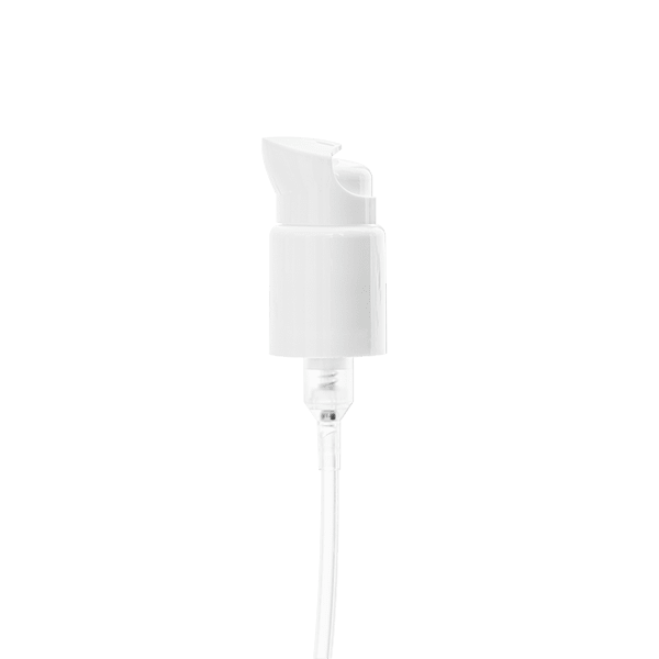 The image shows the Calaso PP Pump with a 24/410 neck finish. The pump is primarily white with a smooth, cylindrical design, and features a long, thin dip tube extending from the bottom. The top of the pump has a rounded actuator for easy dispensing of liquids, and there are no visible branding or markings on the pump.