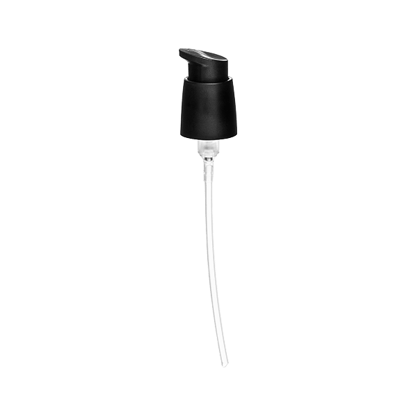 The image shows the Calaso PP Pump 24/410. It is a plastic pump dispenser with a smooth, cylindrical neck and a ribbed actuator head. The pump is designed with a sleek, minimalist appearance and features a long dip tube extending from the bottom for dispensing liquid products. The color of the pump is white, and it is suitable for attaching to bottles with a 24/410 neck size.