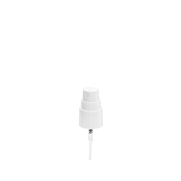 The image shows a Calaso PP Pump 24/410. The pump features a smooth, cylindrical actuator top with a ribbed collar for better grip. It is designed to fit onto containers with a 24/410 neck size. The pump is primarily white, with a sleek and modern design, including a thin dispensing spout. The dip tube is also visible, extending from the pump mechanism downwards, indicating its use for dispensing liquid products.