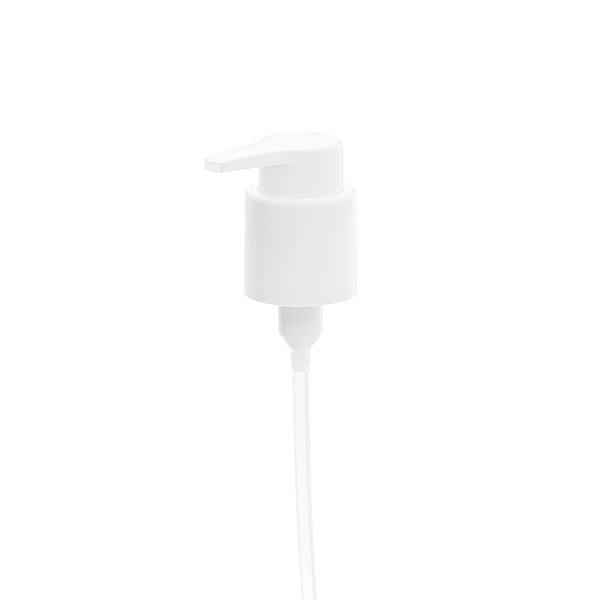 The image features the Calaso PP Pump 24/410, a plastic pump dispenser. The pump is white and includes a ribbed collar at the base for secure attachment to a bottle. The actuator (pump head) is smooth with a rounded design, and the dip tube extends below the pump for dispensing liquids. The pump is shown in a clean, isolated setting with a plain white background, highlighting its design and structure.